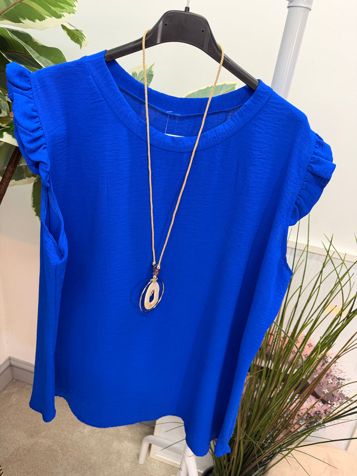 Ladies Fashion Frill Cap Sleeve Top royal blue