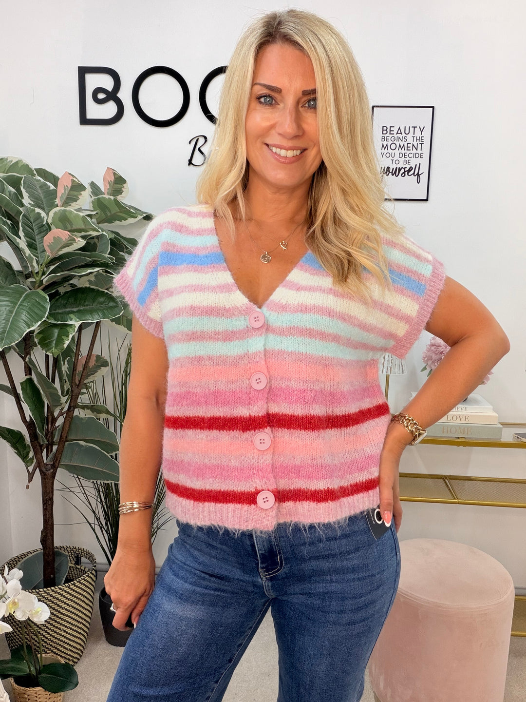 Ladies Fashion Stripe Knitted Sleeveless Cardigan Waistcoat - Pink & Orange