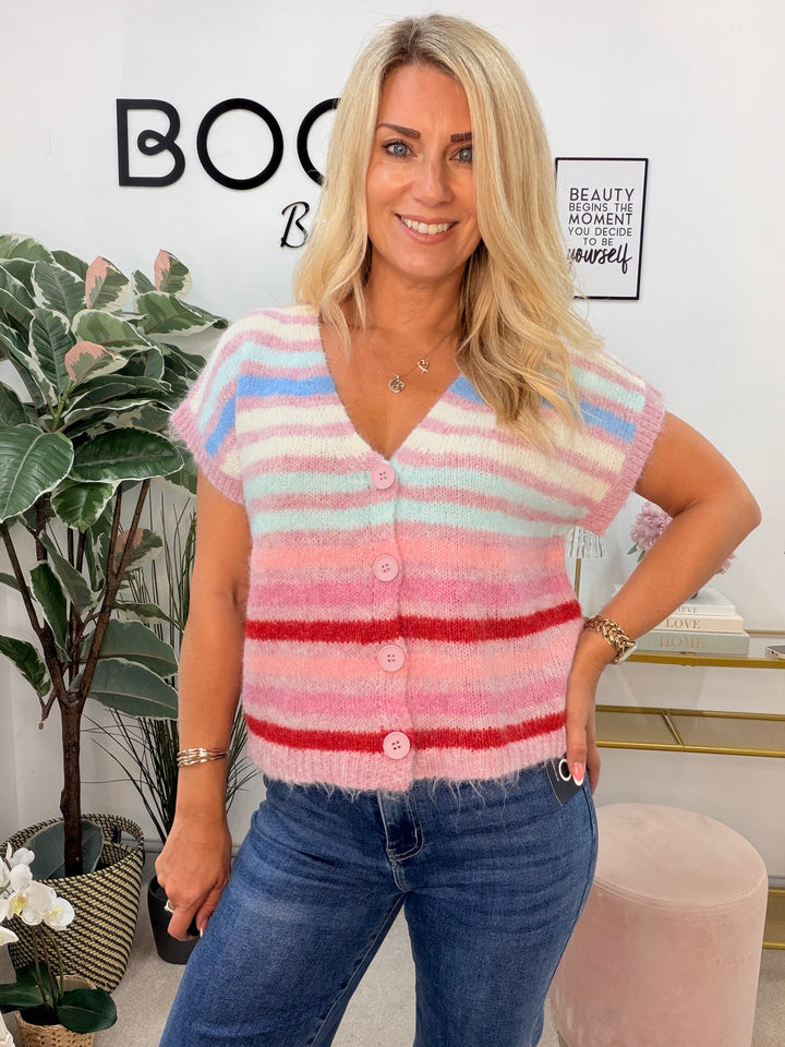 Ladies Fashion Stripe Knitted Sleeveless Cardigan Waistcoat - Pink & Orange