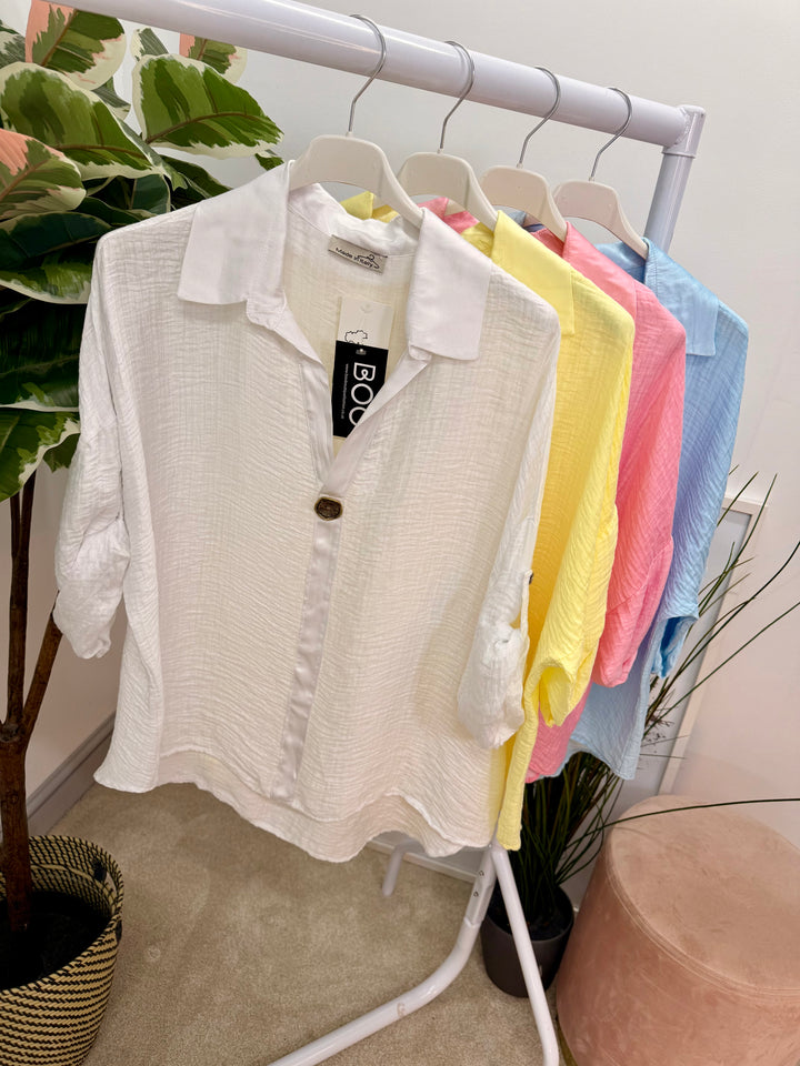 Ladies Fashion Grandad Style Top Blouse - Pink, Lemon, White & Blue