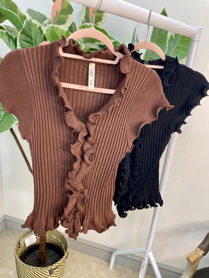 LADIES STRETCH RIB KNIT CAP SLEEVE TOP - BLACK & BROWN