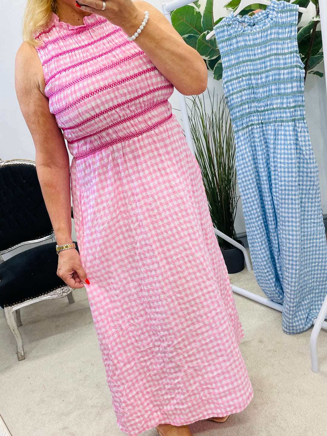 LADIES SUMMER GINGHAM PRETTY MAXI DRESS - PINK & BLUE