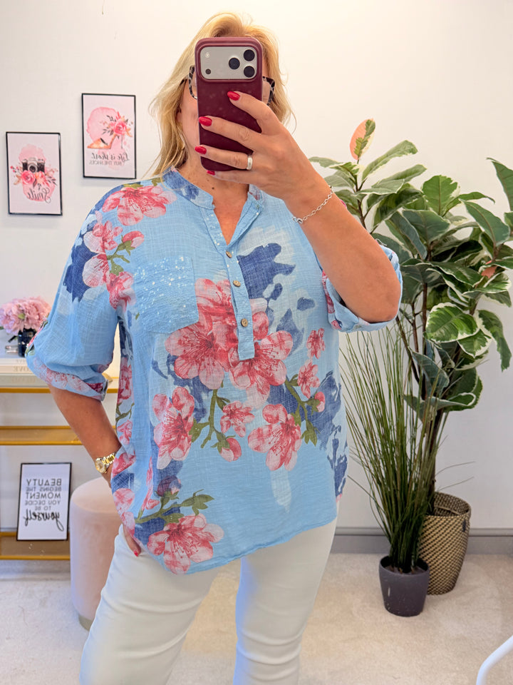 Ladies Light Linen Flower Print Grandad Top Shirt - White, Lemon, Blue & Pink