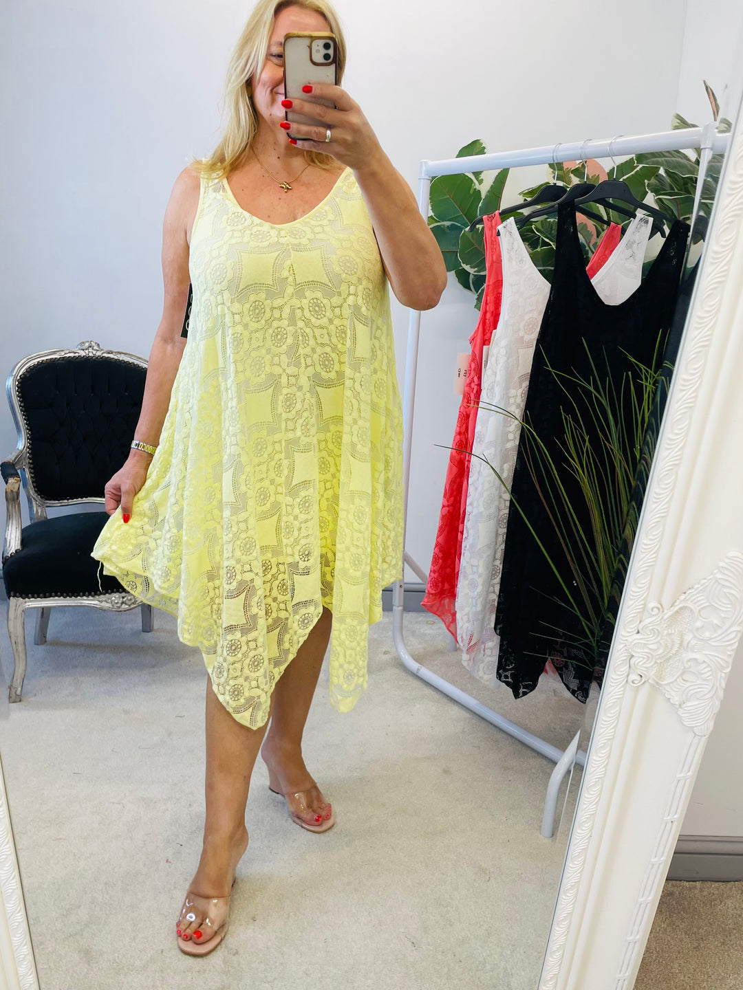 LADIES LACY HANKERCHIEF SUMMER DRESS - LEMON, CORAL, BLACK & WHITE