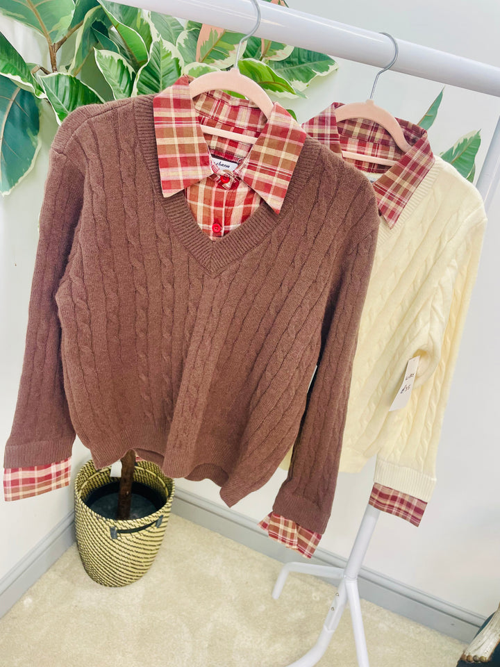 LADIES CABLE KNIT SHIRT JUMPER - CREAM & BROWN