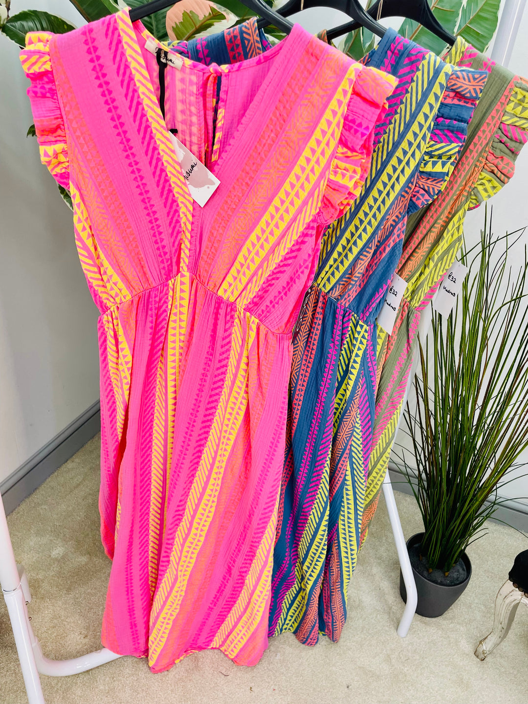 LADIES AZTEC PRINT SUMMER HOLIDAY MAXI DRESS - PINK, DENIM BLUE & KHAKI