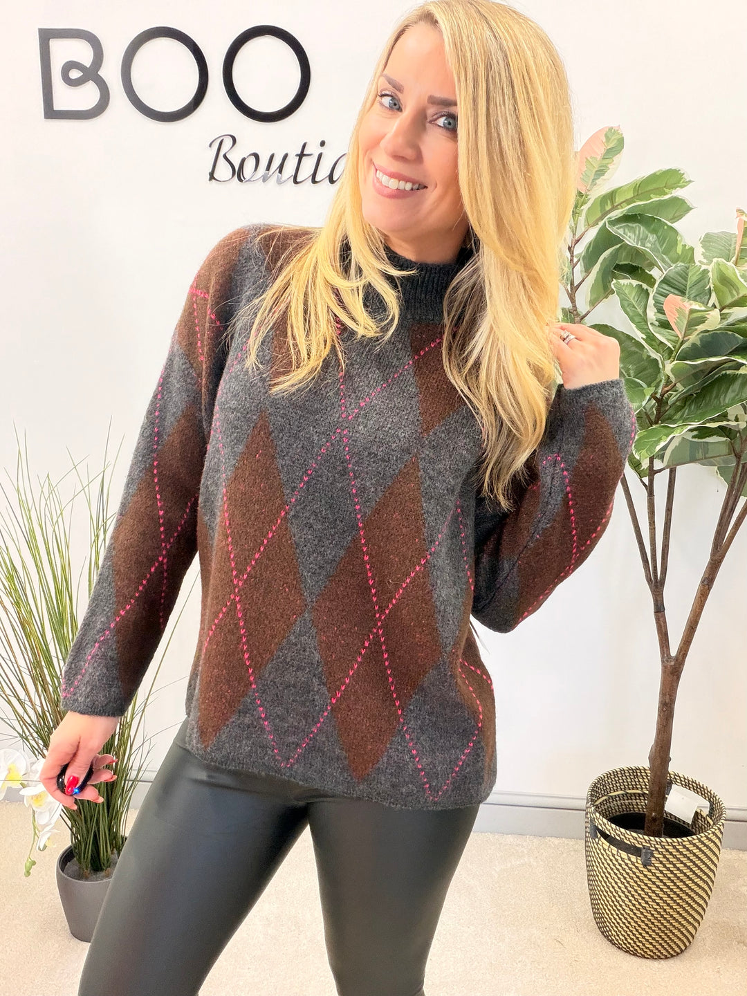 LADIES FASHION ARGYLE KNIT JUMPER - BERRY, PINK, GREY, PURPLE