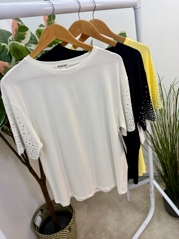 LADIES FASHION DIAMANTE T SHIRT - BLACK, WHITE & YELLOW