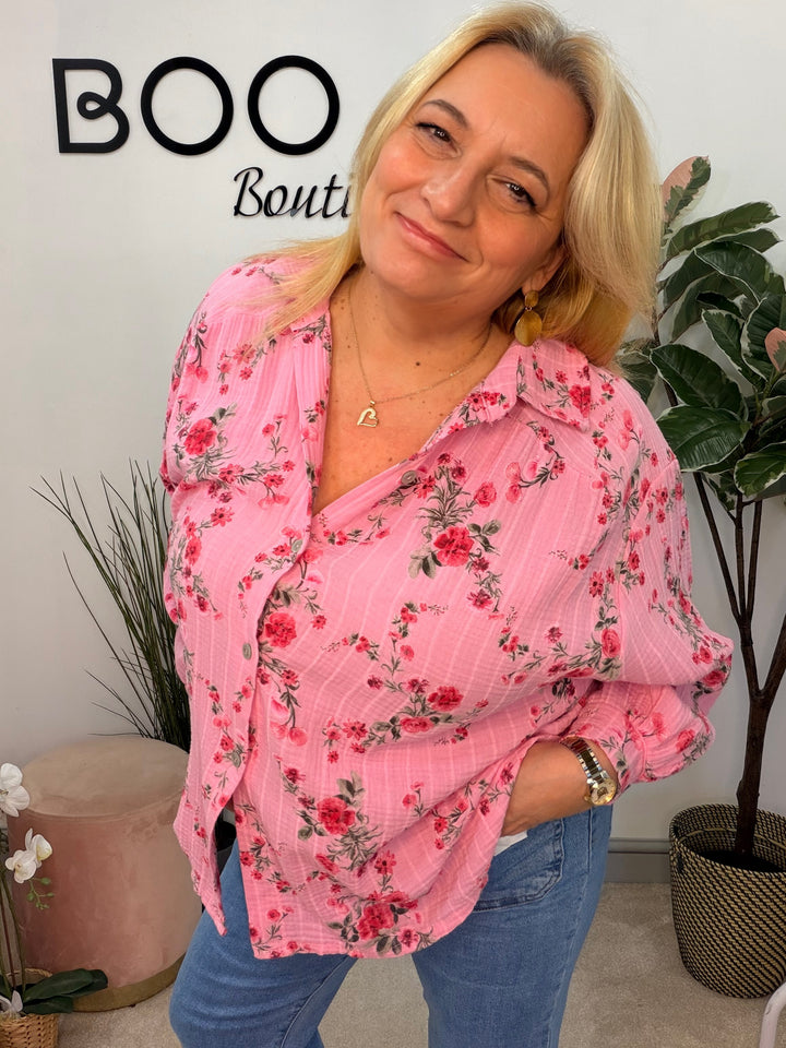 Ladies Fashion Pink Cheesecloth Long Sleeve Blouse Top