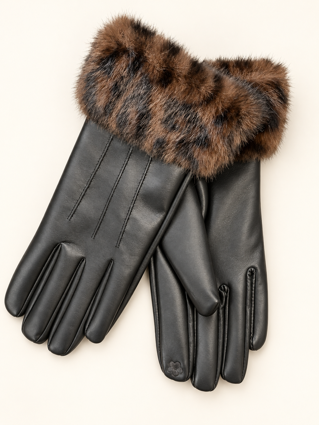 Womens Faux Leather & Fur Cuff Gloves - Black & Brown