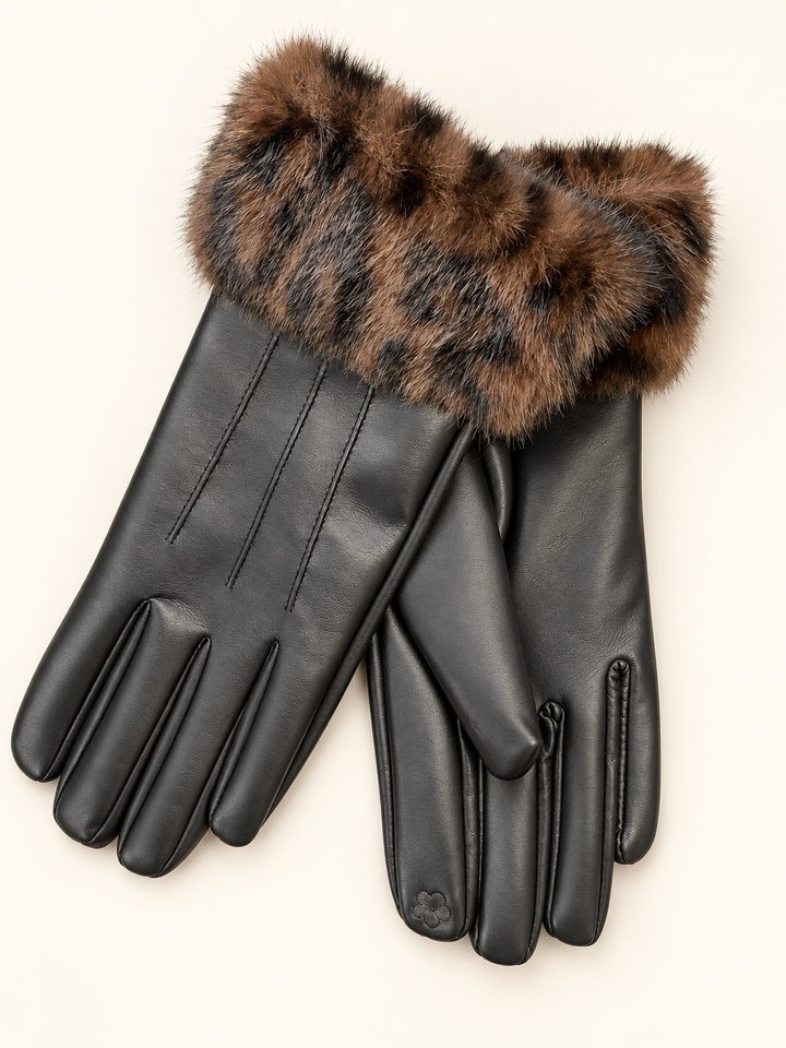 Womens Faux Leather & Fur Cuff Gloves - Black & Brown