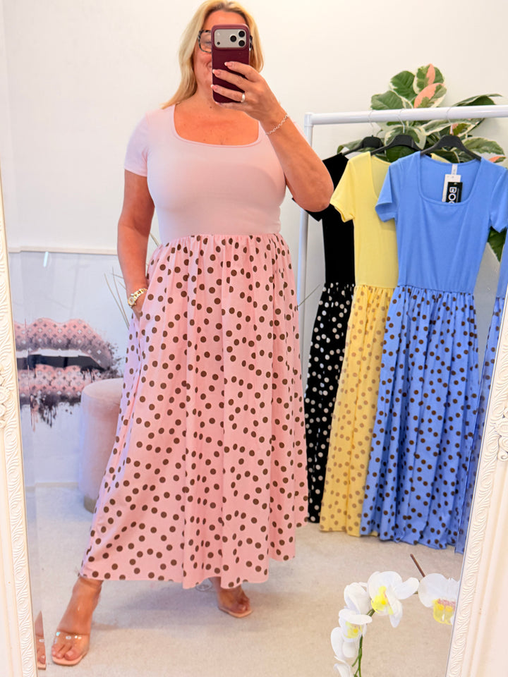 Ladies Fashion T Shirt Polka Dot Midi Dress - Blue, Pink, Black & Lemon