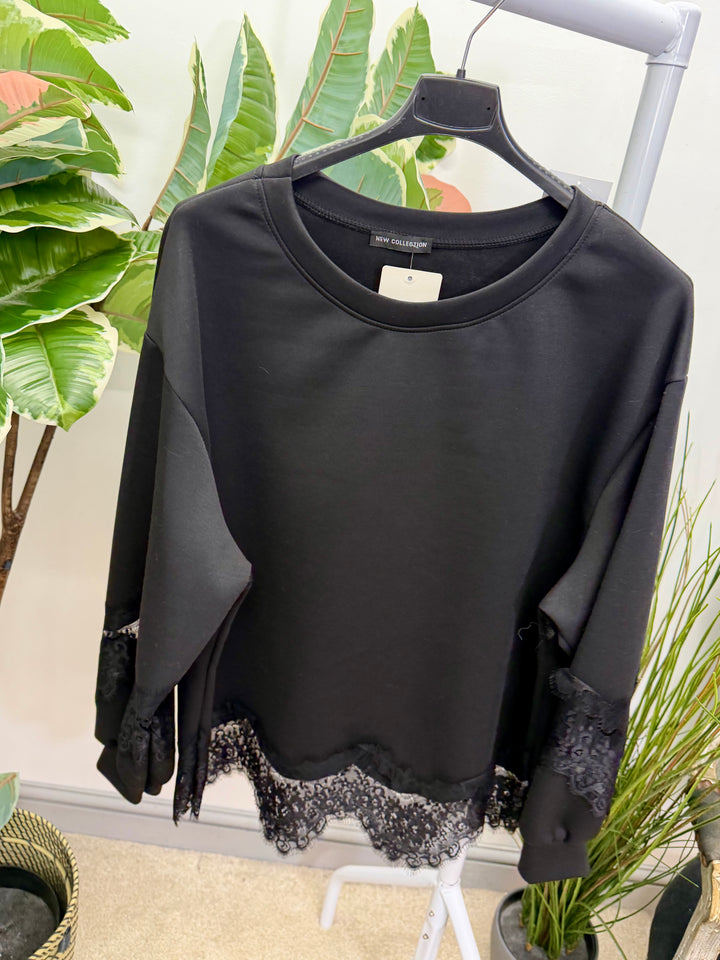 LADIES FASHION LACE EDGE TOP - BLACK, WHITE & BEIGE