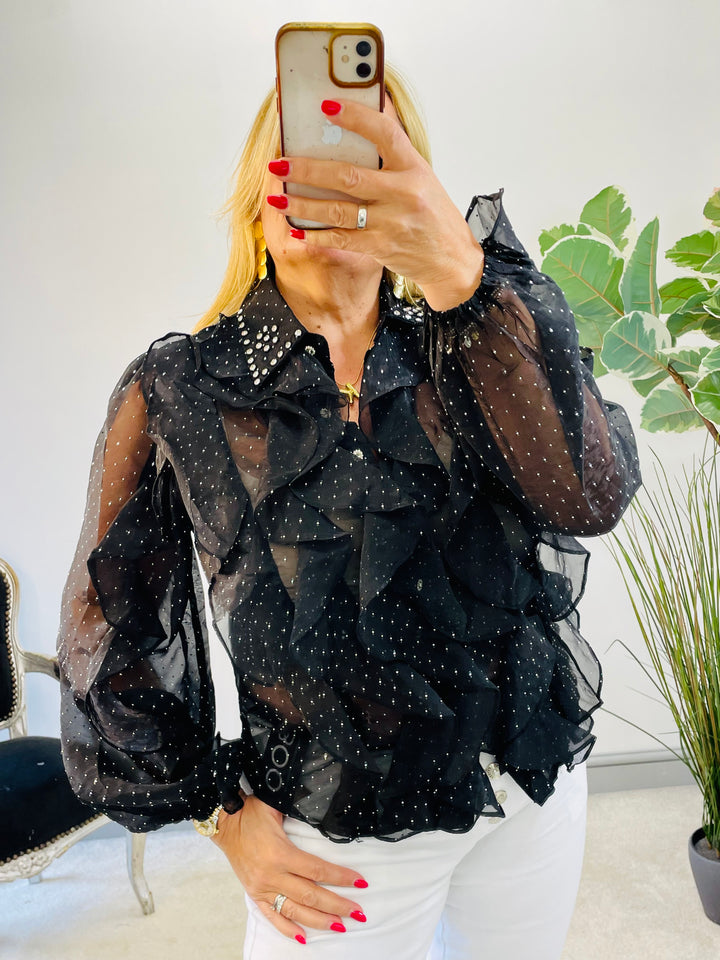 LADIES WOMENS SHEER DIAMANTE JEWELLED BLOUSE SHIRT - BLACK & WHITE