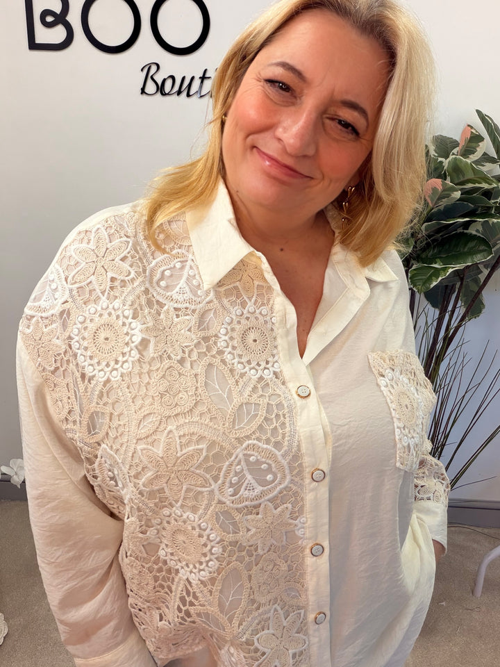 LADIES CREAM LACE CROCHET FASHION SHIRT BLOUSE