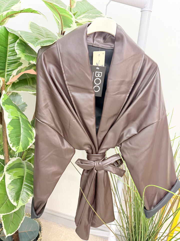 Womens fashion kimono faux leather wrap jacket - plum, black & brown