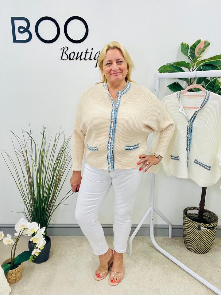 LADIES RIB KNIT BATWING DENIM DETAIL CARDIGAN - WHITE & BEIGE