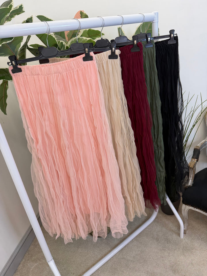 LADIES NET FAIRY MAXI SKIRT - BLACK, BERRY, KHAKI, BEIGE & PINK