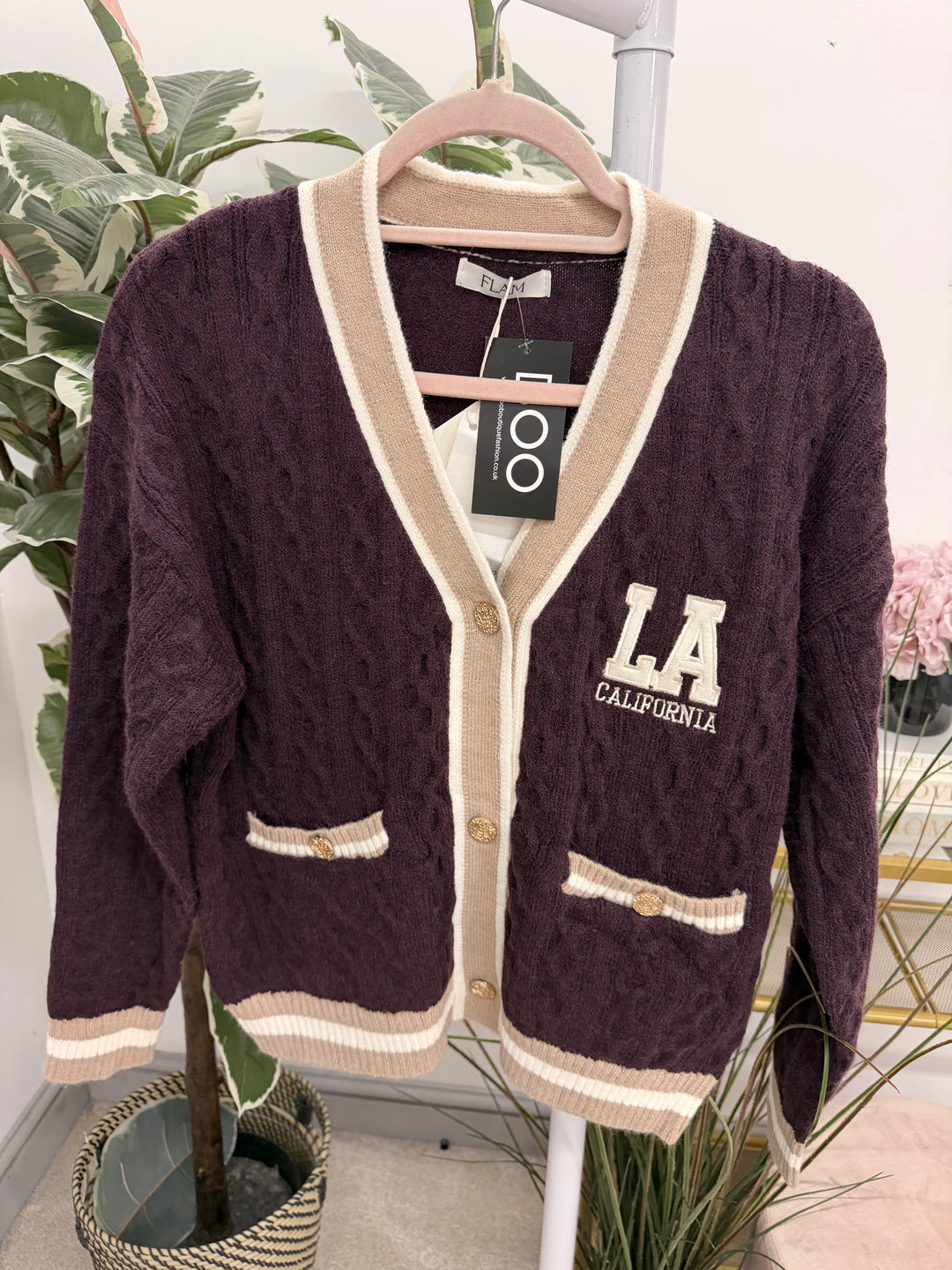 Womens Cable Knit Cricket Cardigan - Cream, Brown, Plum & Black