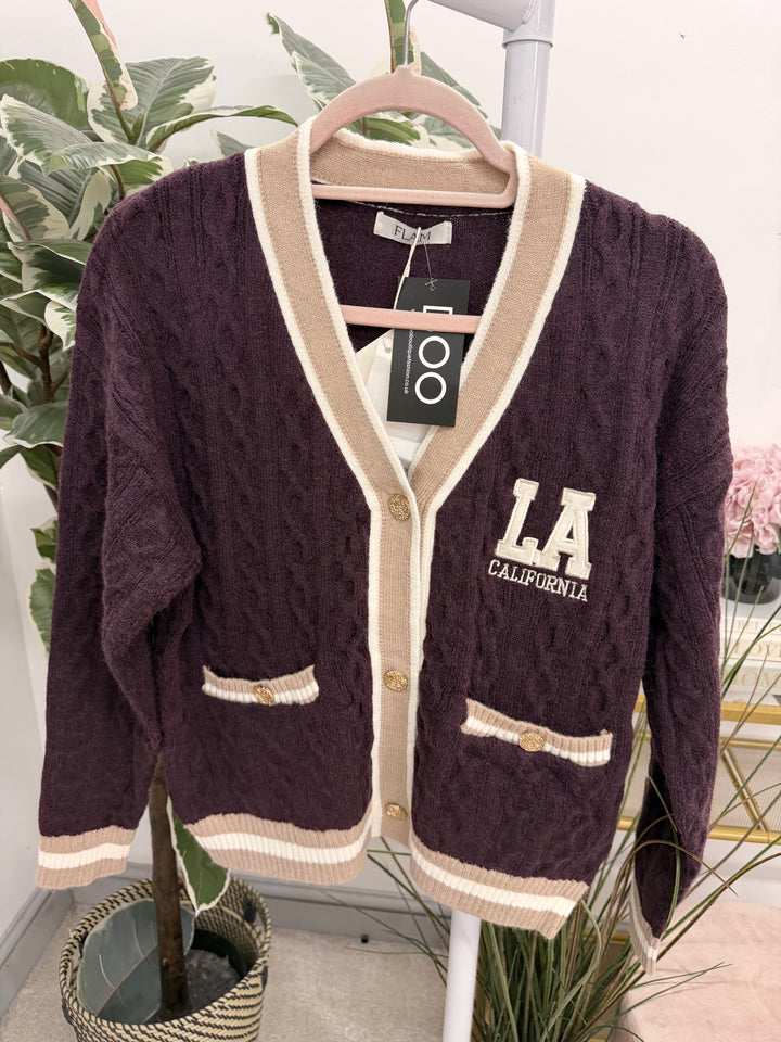 Womens Cable Knit Cricket Cardigan - Cream, Brown, Plum & Black