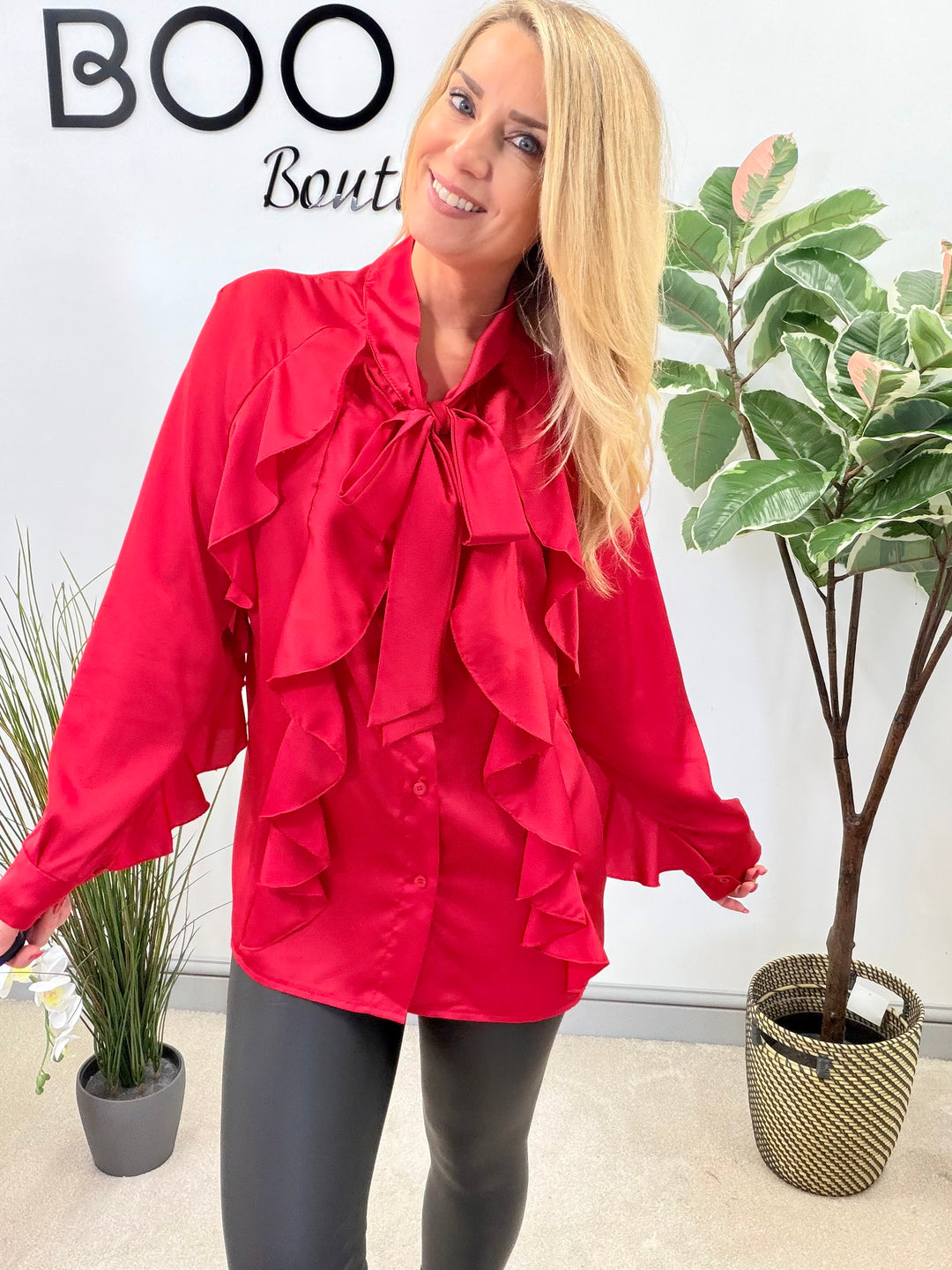 LADIES SATIN FLAMENCO FRILL BLOUSE SHIRT - RED, BLACK, WHITE