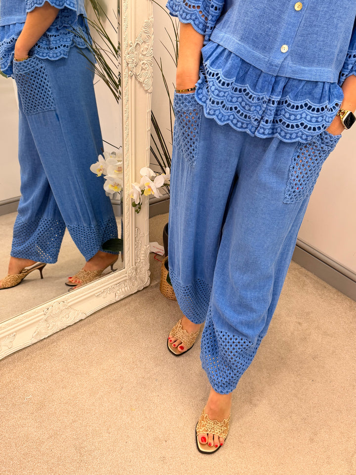 Ladies Crochet Pocket Harem Teabag Linen Trousers royal blue