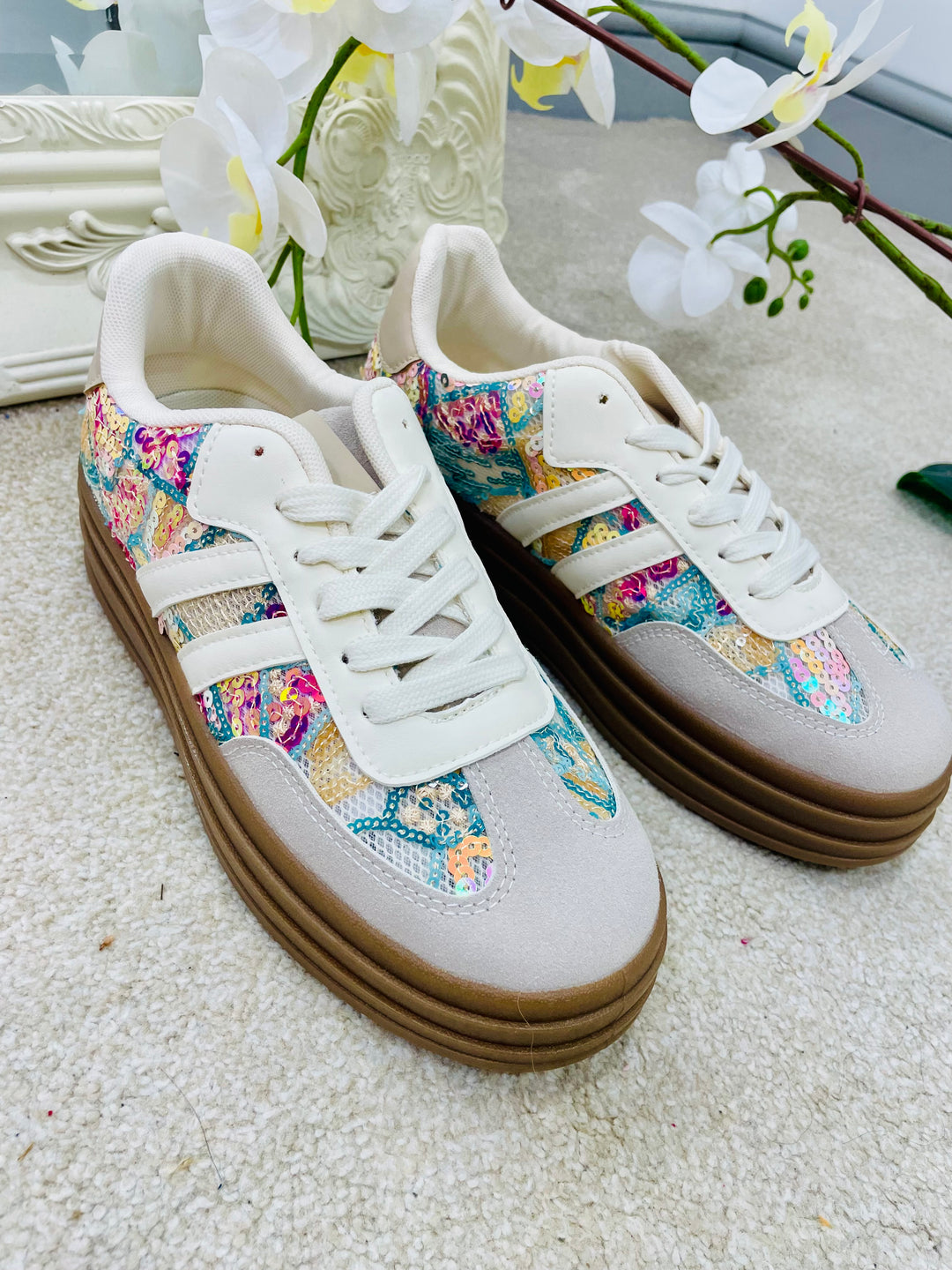 COLOURED SEQUIN FLATFORM TRAINERS ( LT33 )