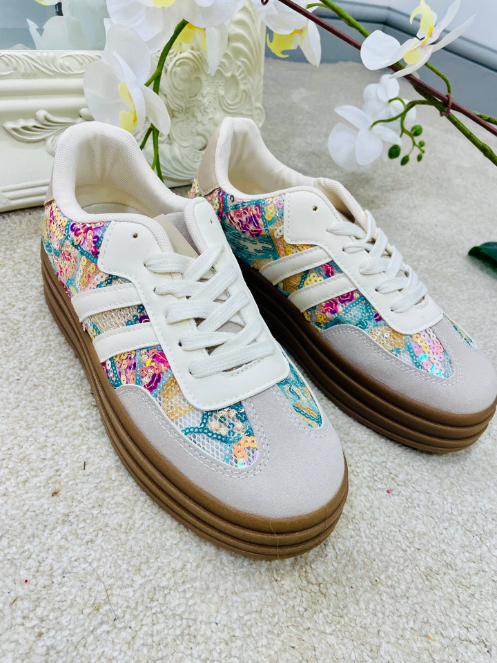 COLOURED SEQUIN FLATFORM TRAINERS ( LT33 )