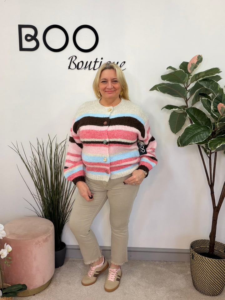 Ladies Fashion Thick Chunky Knit Stripe Oversize Cardigan