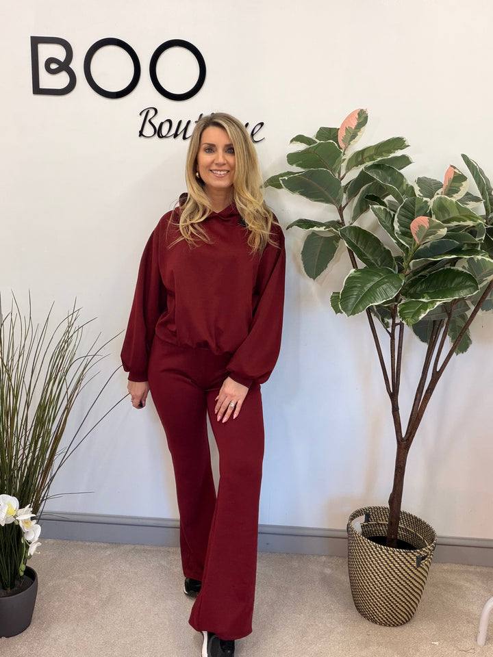 Ladies Fashion Flared Leg Tracksuit Co ord set berry