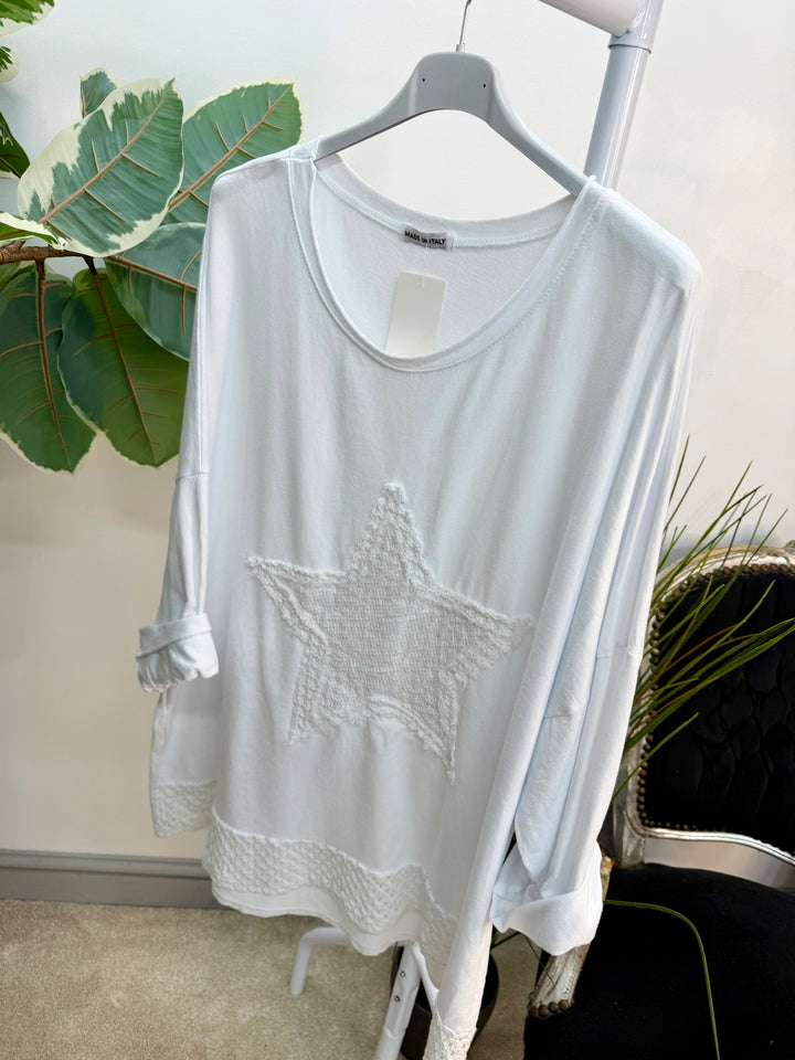 Ladies Fashion Oversize Star Sweatshirt style Top - black, white, pink, raspberry & grey