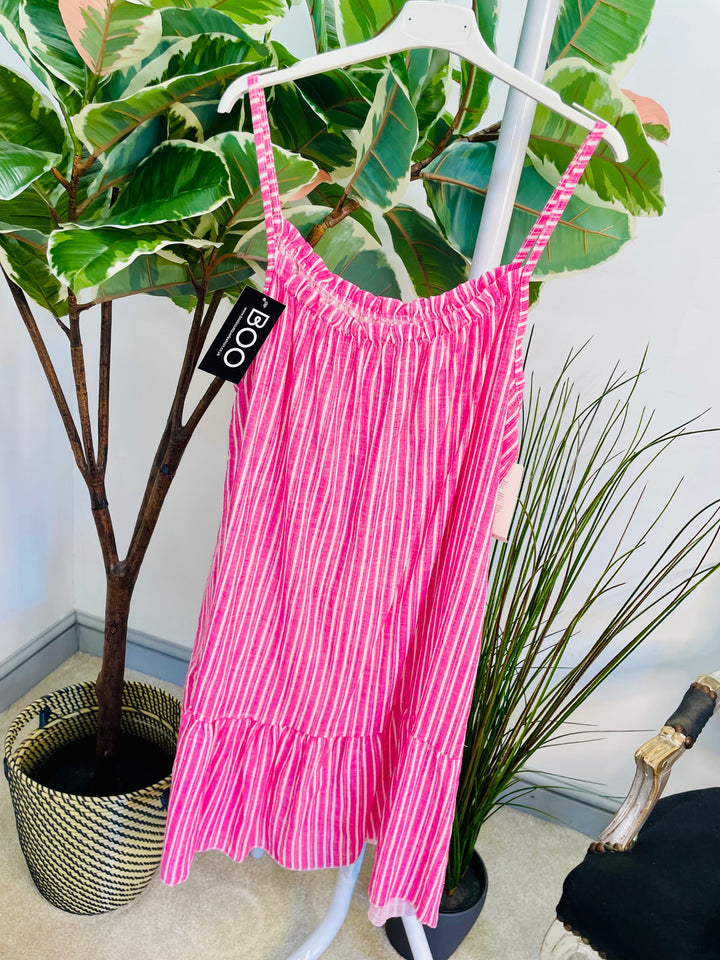 LADIES COTTON PINSTRIPE SUMMER SUN DRESS - PINK, GREY, BLUE, KHAKI, MOCHA