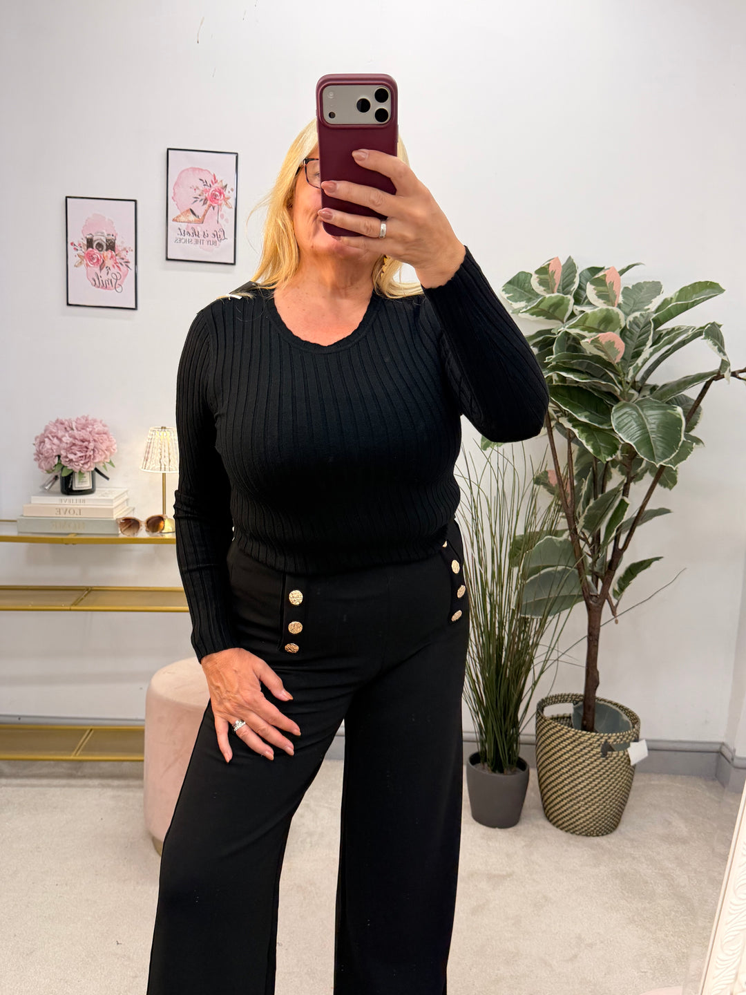 Ladies Fashion Staple Style Ribbed Stretch Knit Long Sleeve Top - Black, Wine, Camel, White & Brown
