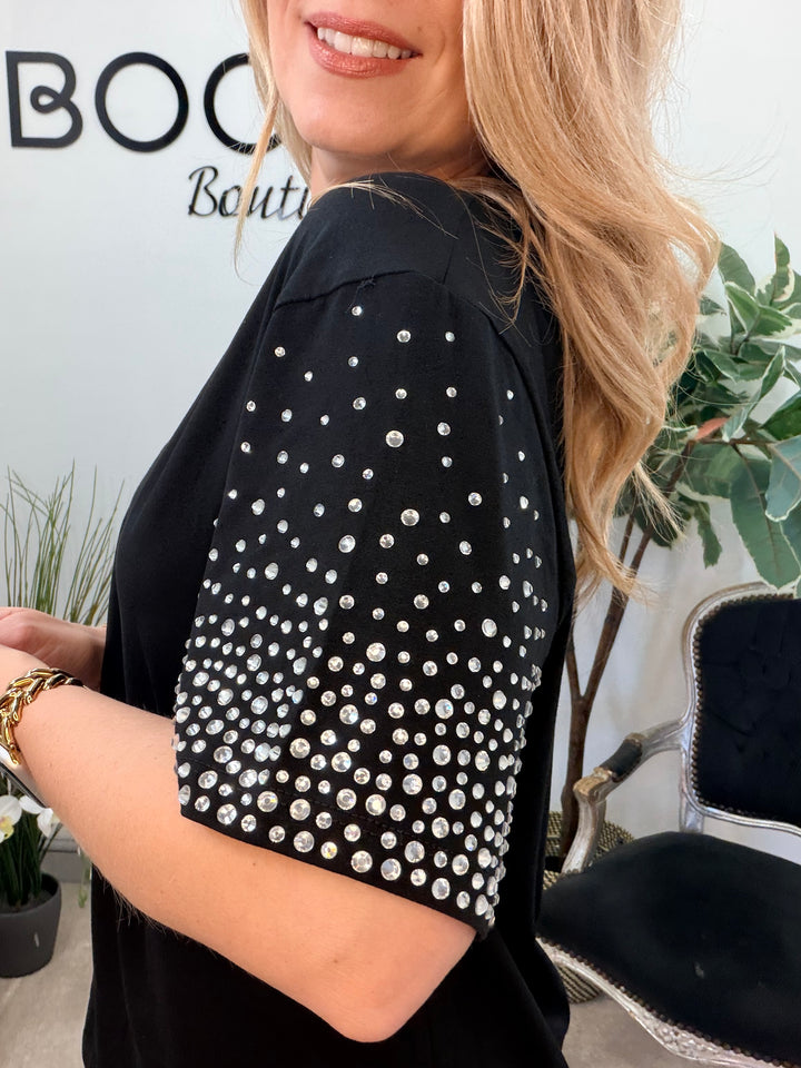 LADIES FASHION DIAMANTE T SHIRT - BLACK, WHITE & YELLOW