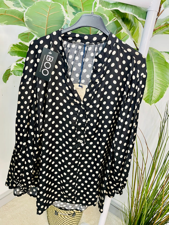 LADIES POLKA DOT SATIN BLOUSE SHIRT - NAVY, BROWN & BLACK