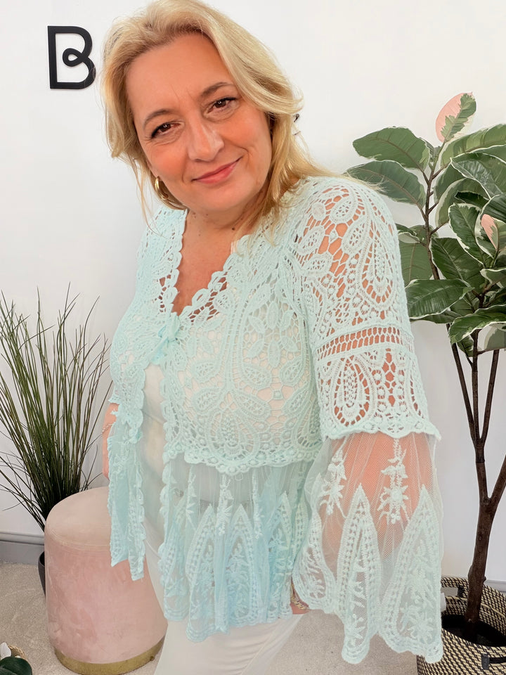 Ladies Fashion Crochet Bolero Cardigan Top - white, mint, aqua, lemon