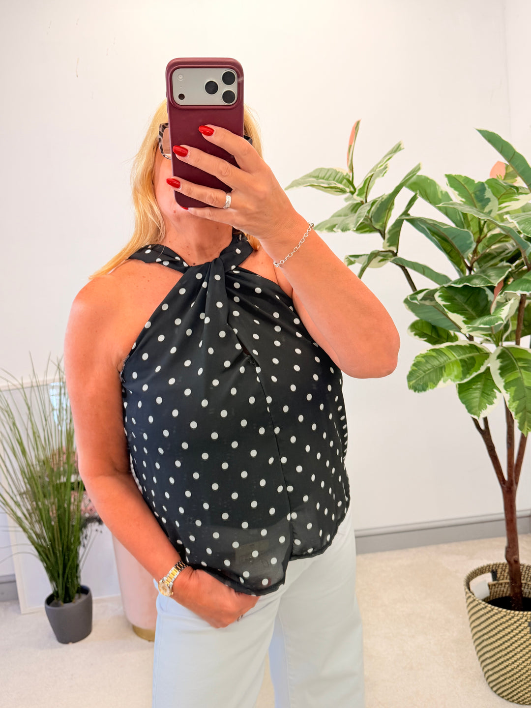 Ladies Fashion Polka Dot High Neck Top black