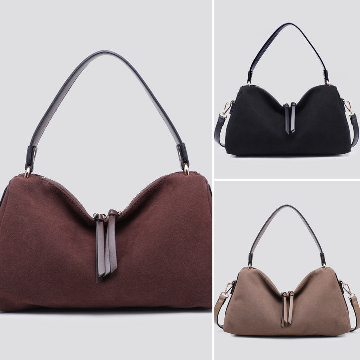 LADIES FASHION FAUX SUEDE HAND BAG - BLACK, BROWN, COFFEE MOCHA