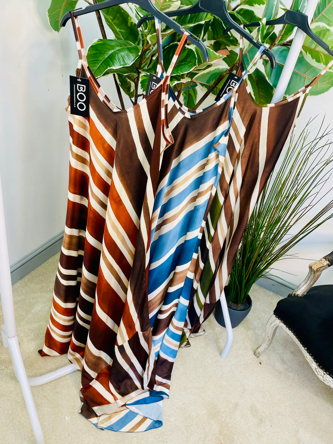 LADIES STRIPE SUMMER SATIN MAXI DRESS - BLUE, BROWN & KHAKI
