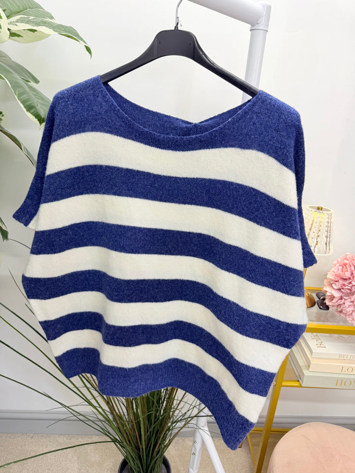 Ladies Fashion Wide Stripe Short Sleeve Jumper - Khaki, Blue & Brown