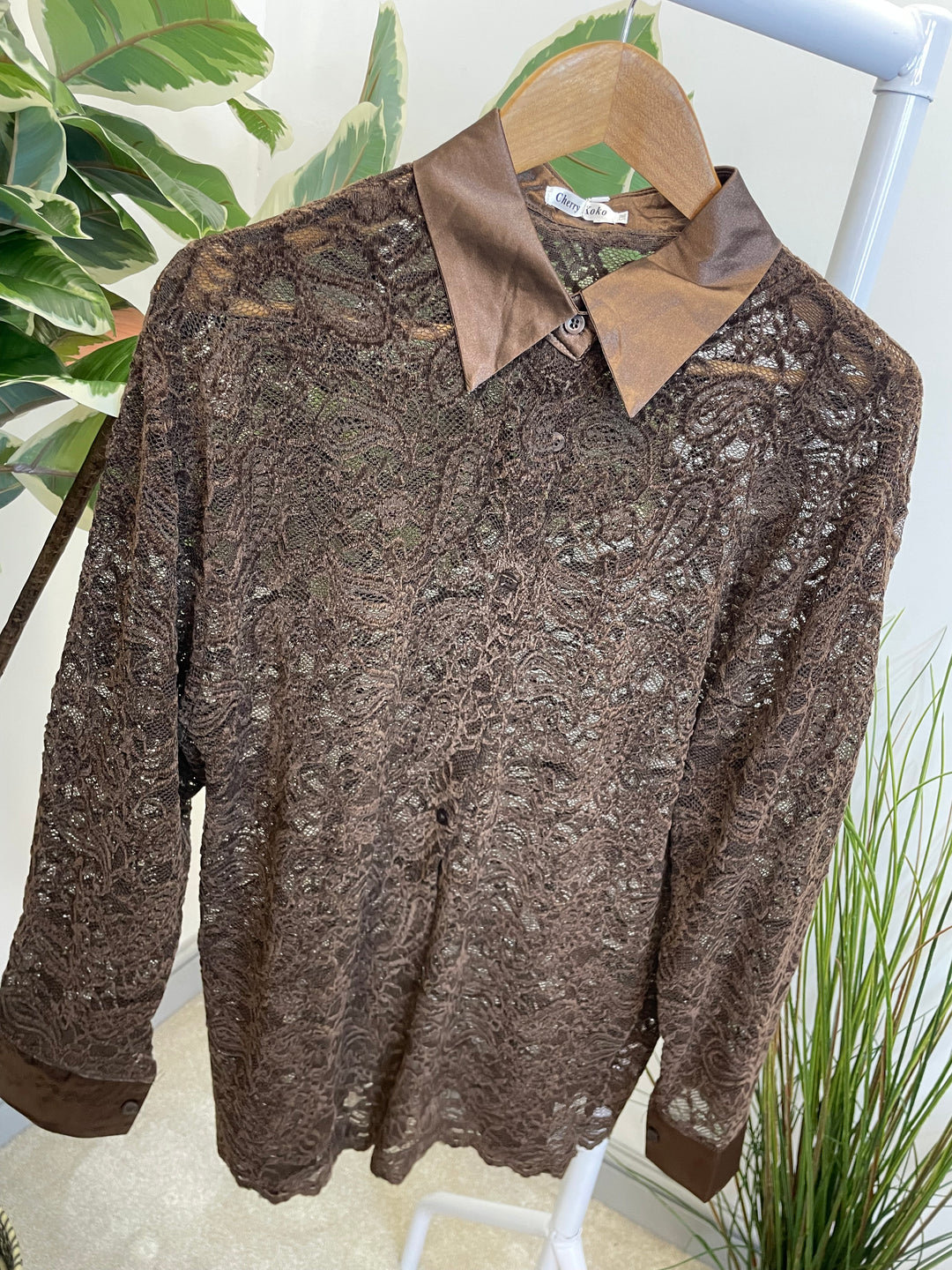 LADIES SHEER LACE BLOUSE SHIRT - BROWN, BLACK & BERRY