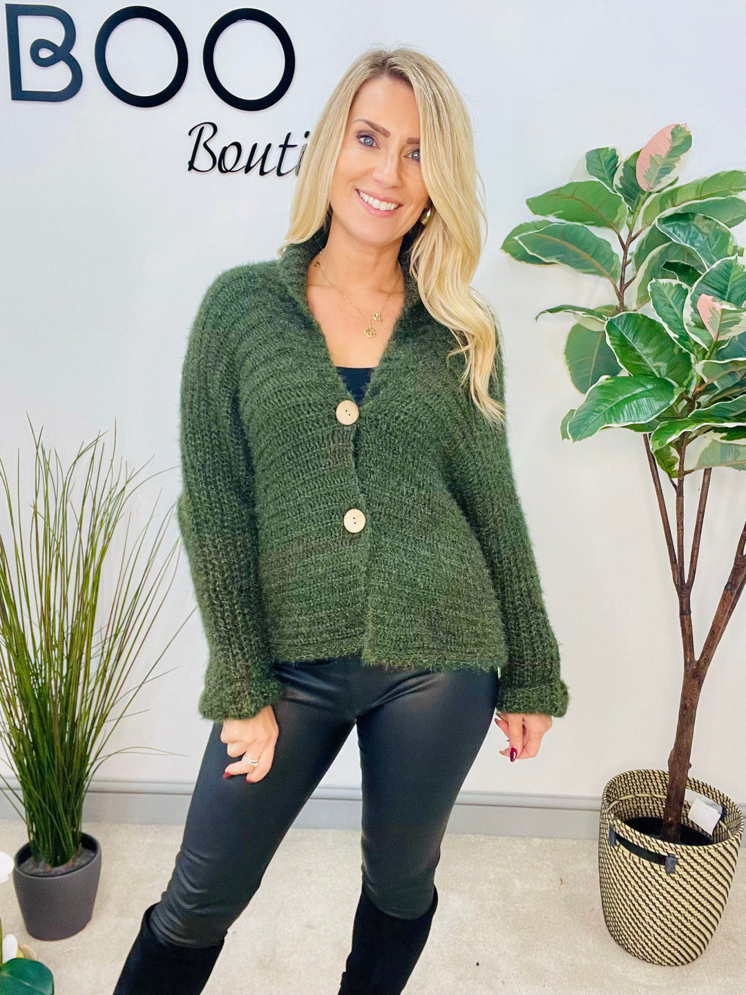 LADIES FLUFFY KNIT CARDIGAN - KHAKI, NAVY, GREY, BLACK, BEIGE, BROWN