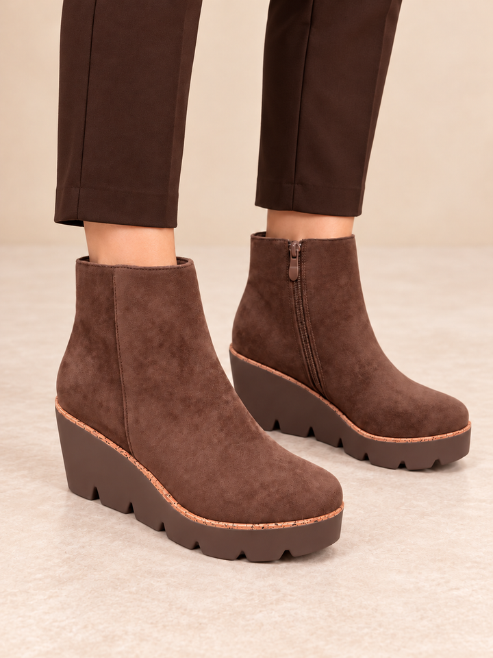 Chocolate Brown Faux Suede Wedge Heel Platform Ankle Boots ( 5067 )
