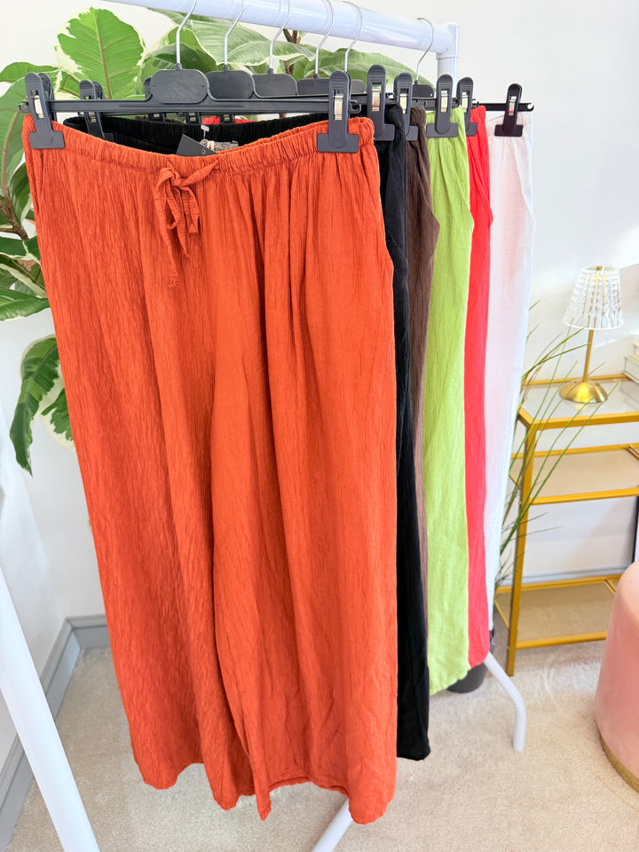 Ladies Non Crease Wide Leg Trousers - Rust, Coral, Black, White, Khaki, Lime, 