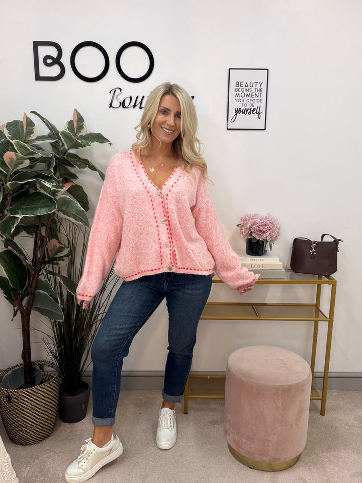 Ladies Fashion Slouch Knitted Cardigan - Black, Grey & Pink