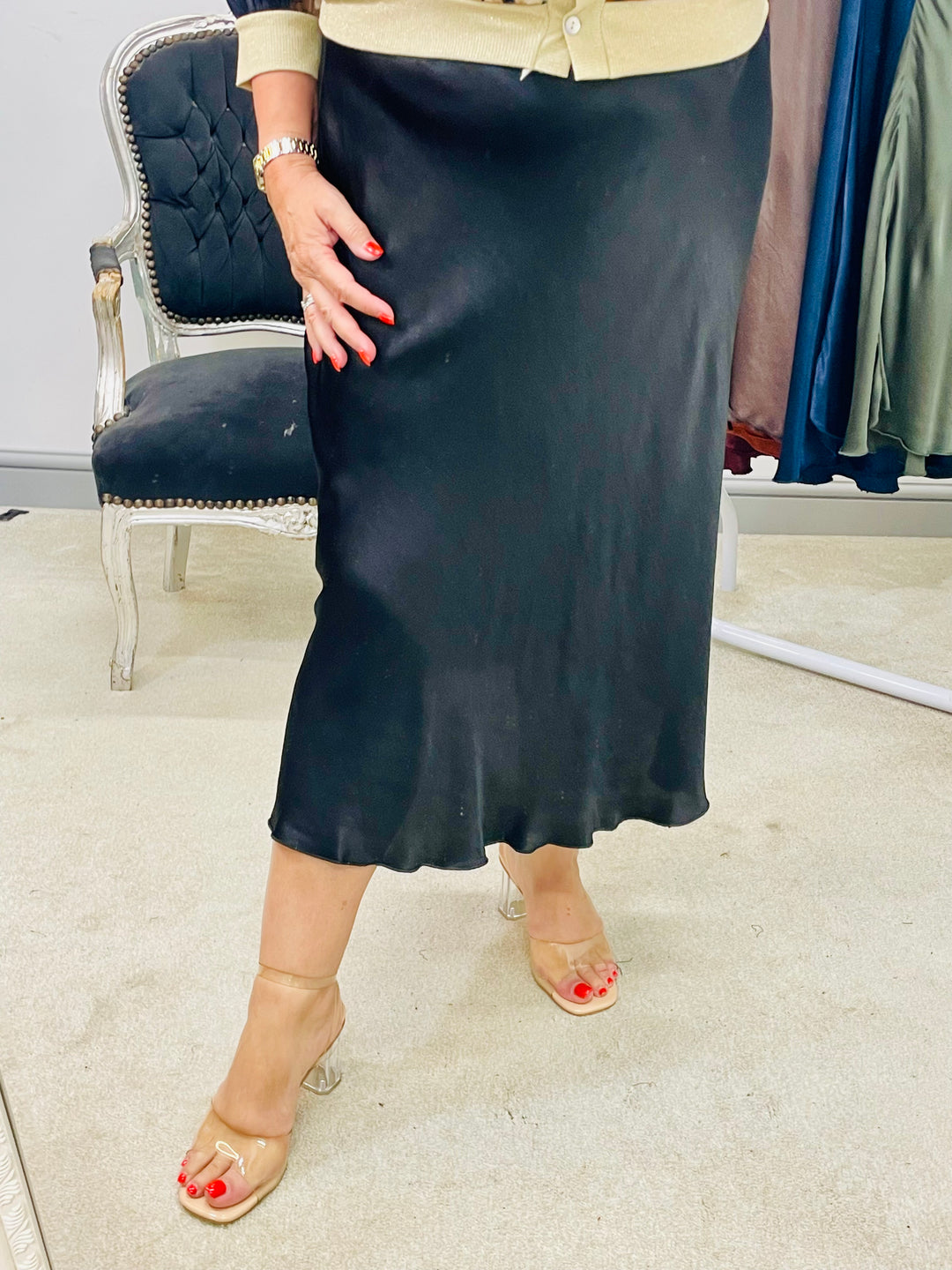 LADIES SATIN MAXI SKIRT - WINE, BLACK, BROWN, RUST, KHAKI, GOLD, NAVY