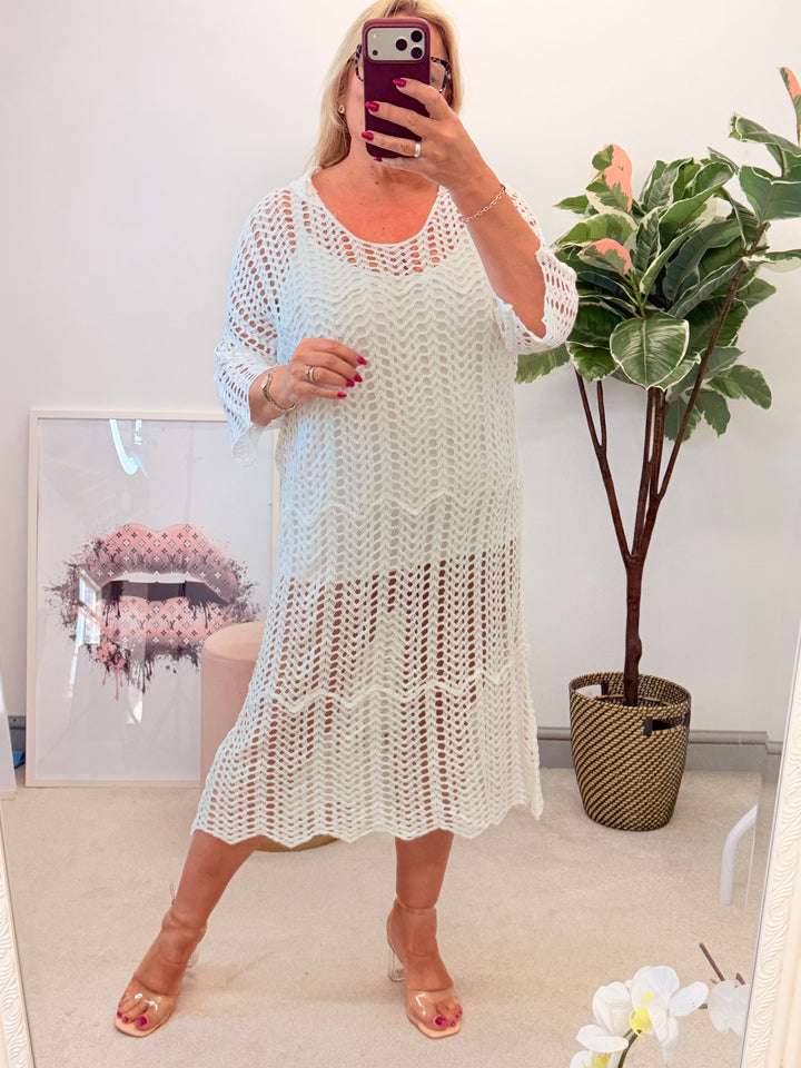 Ladies White Crochet Beach Swimwear Cover Up Dress