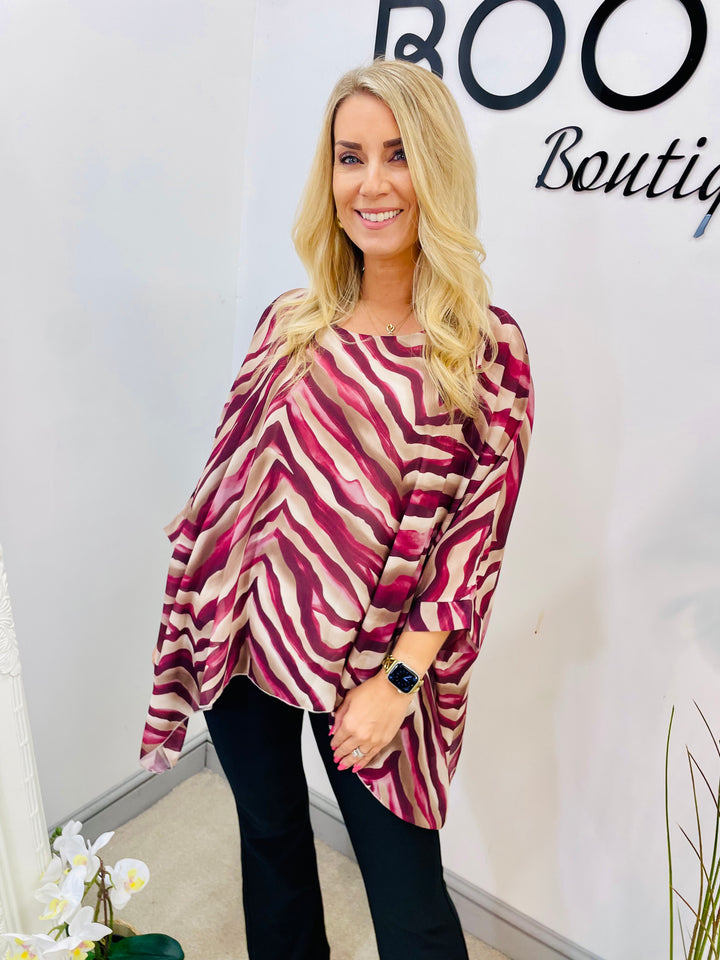 LADIES ZEBRA PRINT CHIFFON FLOATY TOP BLOUSE - GREEN, BLACK & BURGUNDY