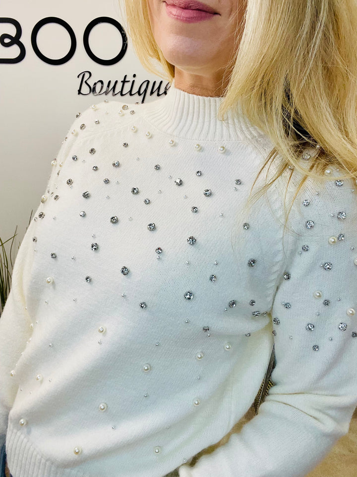 LADIES PEARL & DIAMANTE JUMPER - BLACK & WHITE