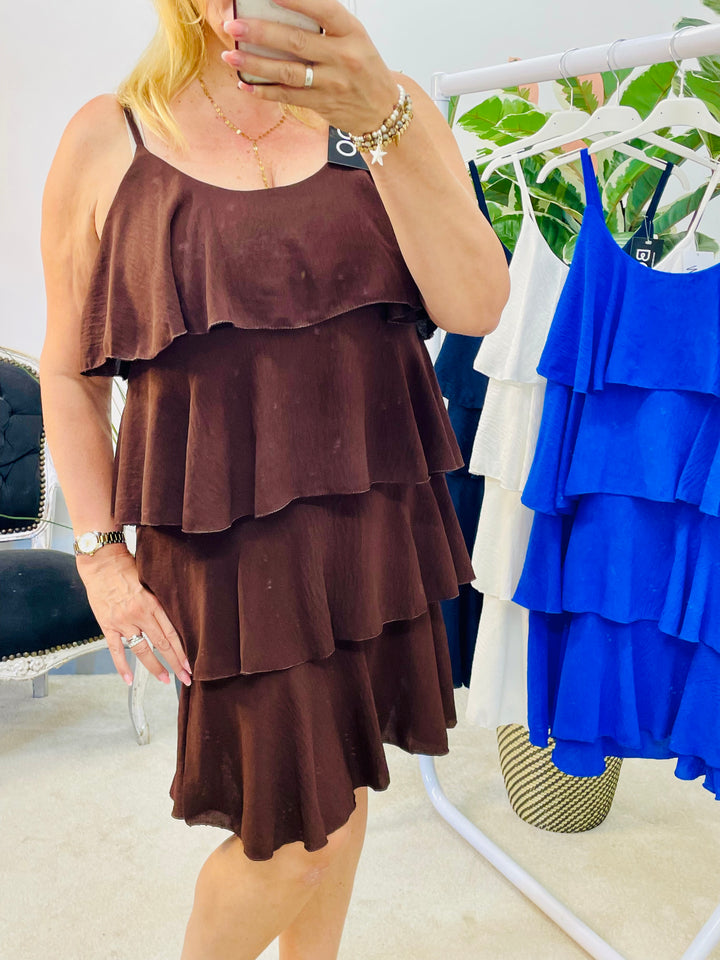 LADIES FRILL SUMMER STRAPPY SUN DRESS - NAVY, WHITE, ROYAL BLUE & BROWN